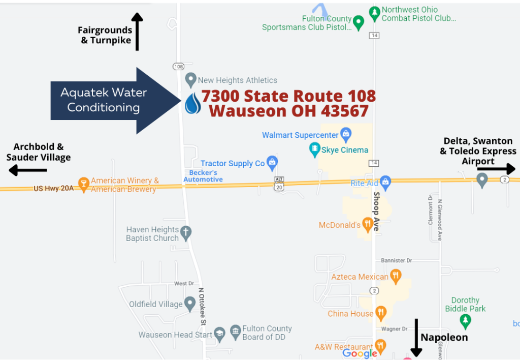 Detailed map of Aquatek Water Conditioning's new location at 7300 State Route 108, Wauseon, OH 43567
